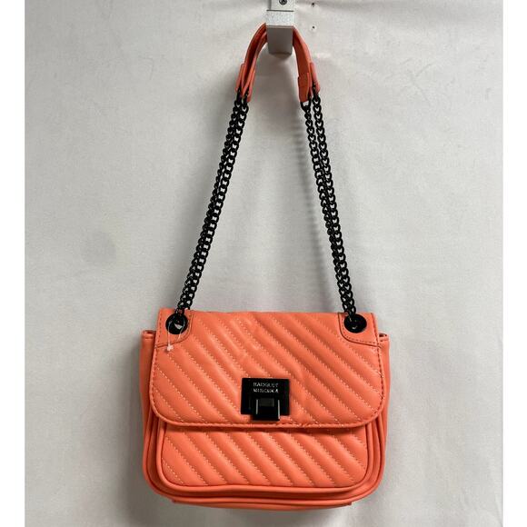 NEW BADGLEY MISCHKA Vegan Leather Quilted Crossbody Bag Chain Strap Coral - Picture 1 of 14